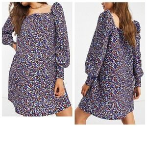 ASOS Maternity Blue Red Ditsy Floral Smoked Mini Dress Puff Sleeve Women's US 16